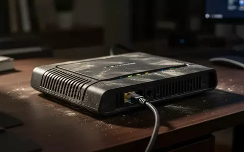 Ein moderner WLAN-Router steht auf einem dunklen Schreibtisch, angeschlossen an ein einzelnes Netzwerkkabel. - Foto: über boerse-global.de