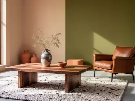 Ein modern eingerichteter Wohnraum mit Massivholzmöbeln, Naturtextilien und einer harmonischen Farbpalette in Beige und Oliv. - Foto: über boerse-global.de