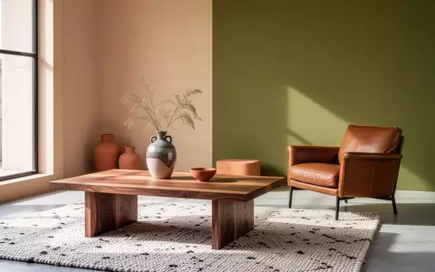 Ein modern eingerichteter Wohnraum mit Massivholzmöbeln, Naturtextilien und einer harmonischen Farbpalette in Beige und Oliv. - Foto: über boerse-global.de