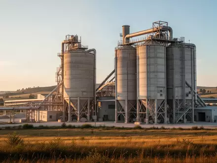 Moderne Industrieanlage zur Zementherstellung mit großen Silos und Rohrleitungssystemen vor einem klaren Himmel. - Foto: über boerse-global.de