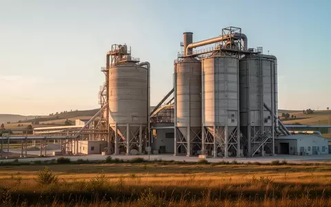 Moderne Industrieanlage zur Zementherstellung mit großen Silos und Rohrleitungssystemen vor einem klaren Himmel. - Foto: über boerse-global.de