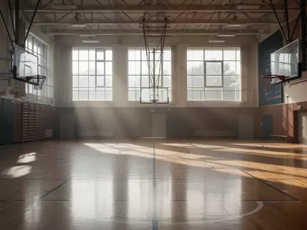 Leere, lichtdurchflutete Sporthalle eines Hochschulsportvereins mit Blick auf den leeren Hallenboden. - Foto: über boerse-global.de