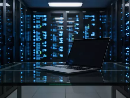 Ein dunkler Serverraum mit leuchtenden Server-Racks und einem ausgeschalteten Laptop auf einem Schreibtisch. - Foto: über boerse-global.de