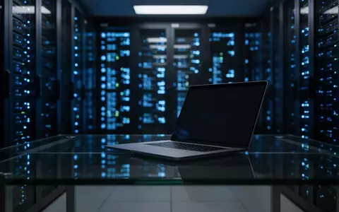 Ein dunkler Serverraum mit leuchtenden Server-Racks und einem ausgeschalteten Laptop auf einem Schreibtisch. - Foto: über boerse-global.de