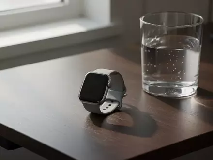 Eine moderne Smartwatch auf einem dunklen Holztisch neben einem Glas Wasser bei natürlichem Tageslicht. - Foto: über boerse-global.de