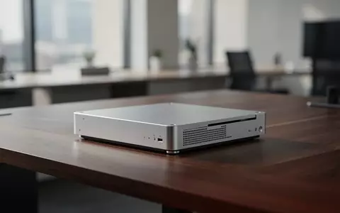Ein kompakter, silberner Computer aus Aluminium steht auf einem dunklen Schreibtisch in einem modernen Büro. - Foto: über boerse-global.de