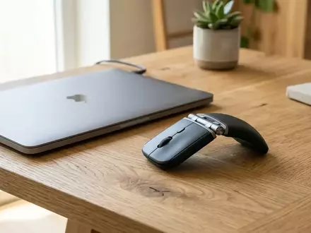 Eine zusammenklappbare, moderne Computermaus auf einem minimalistischen Schreibtisch neben einem geschlossenen Laptop. - Foto: über boerse-global.de
