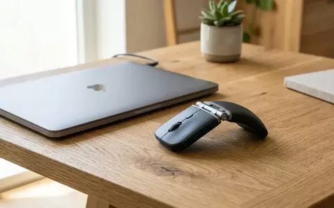 Eine zusammenklappbare, moderne Computermaus auf einem minimalistischen Schreibtisch neben einem geschlossenen Laptop. - Foto: über boerse-global.de