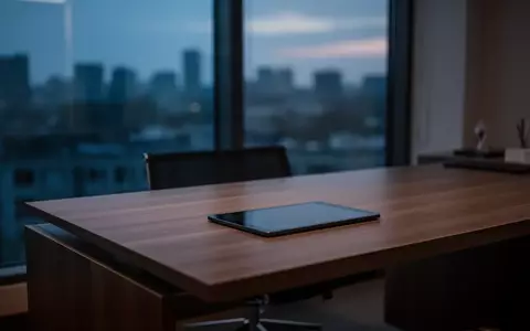Ein dunkler, minimalistischer Schreibtisch in einer modernen Klinik bei Dämmerung mit einem ausgeschalteten Tablet. - Foto: über boerse-global.de