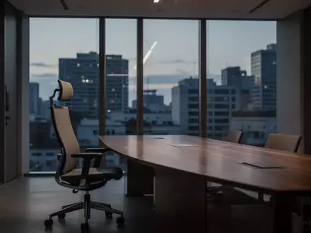 Ein leerer Konferenzraum mit einem modernen Schreibtischstuhl in einer kühlen, professionellen Büroatmosphäre. - Foto: über boerse-global.de