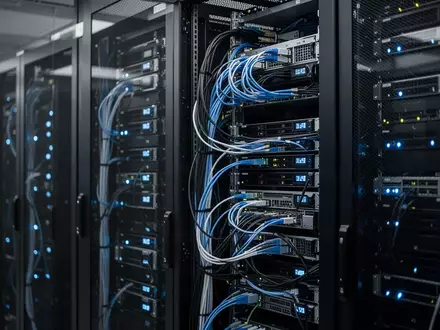 Moderne Server-Infrastruktur mit blau beleuchteten Racks in einem Rechenzentrum als Symbol für digitale Vernetzung. - Foto: über boerse-global.de