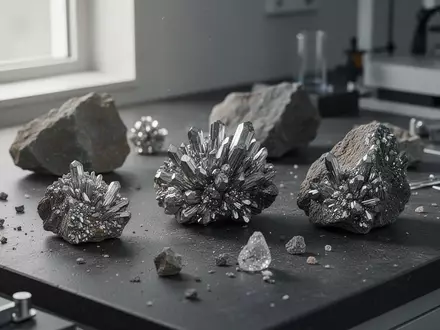 Nahaufnahme von rohen Mineralproben auf einem geologischen Arbeitstisch in einem modernen Bergbaulabor. - Foto: über boerse-global.de