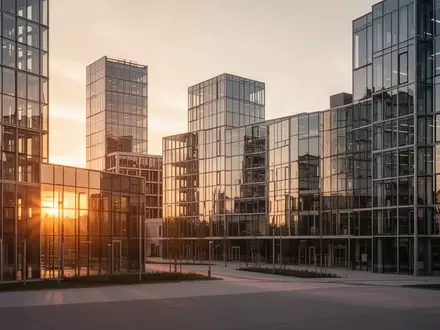 Moderne Büroarchitektur aus Glas und Stahl bei Sonnenuntergang als Symbol für den Wirtschaftsstandort Deutschland. - Foto: über boerse-global.de