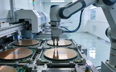 Ein Roboterarm in einem modernen Reinraum für die Halbleiterfertigung bei der Arbeit an Silizium-Wafern. - Foto: über boerse-global.de