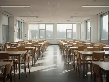 Leerer, moderner Speisesaal einer Schule mit Holztischen und Stühlen bei natürlichem Tageslicht. - Foto: über boerse-global.de