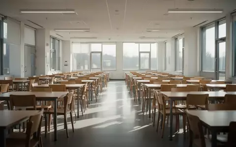 Leerer, moderner Speisesaal einer Schule mit Holztischen und Stühlen bei natürlichem Tageslicht. - Foto: über boerse-global.de