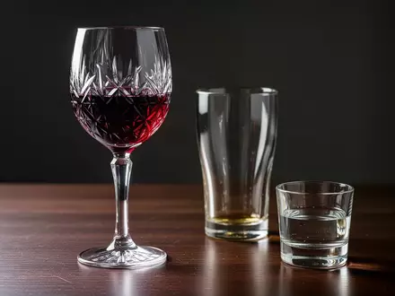 Ein Weinglas, ein Bierglas und ein Glas mit Spirituosen stehen auf einem dunklen Holztisch. - Foto: über boerse-global.de