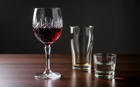 Ein Weinglas, ein Bierglas und ein Glas mit Spirituosen stehen auf einem dunklen Holztisch. - Foto: über boerse-global.de