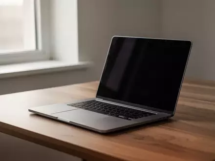 Ein moderner Laptop auf einem hölzernen Schreibtisch in einer hellen, minimalistischen Arbeitsumgebung. - Foto: über boerse-global.de