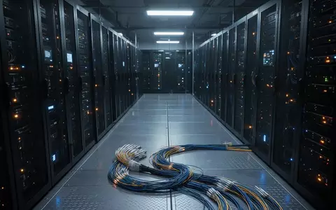 Reihen von Server-Schränken in einem modernen Rechenzentrum mit blauen Statusleuchten und Glasfaserkabeln. - Foto: über boerse-global.de