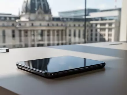 Ein modernes Smartphone liegt auf einem Schreibtisch vor einem unscharfen Hintergrund eines EU-Gebäudes bei Tageslicht. - Foto: über boerse-global.de