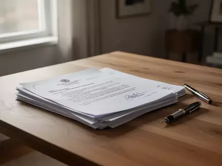 Ein Schreibtisch mit offiziellen Unterlagen und einem Füllfederhalter bei natürlichem Tageslicht. - Foto: über boerse-global.de