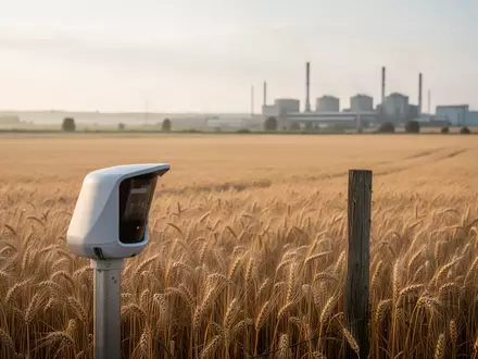 Weizenfeld mit einem Umweltsensor zur Überwachung der Biodiversität vor einer Produktionsstätte in Italien. - Foto: über boerse-global.de