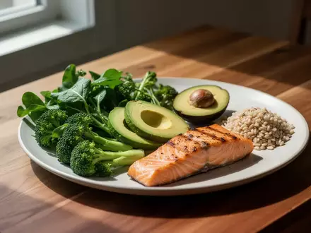 Ein gesundes, ausgewogenes Mahl aus Gemüse, Avocado, Fisch und Vollkorn auf einem Holztisch bei natürlichem Licht. - Foto: über boerse-global.de