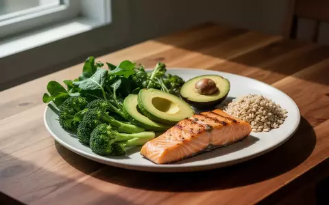 Ein gesundes, ausgewogenes Mahl aus Gemüse, Avocado, Fisch und Vollkorn auf einem Holztisch bei natürlichem Licht. - Foto: über boerse-global.de