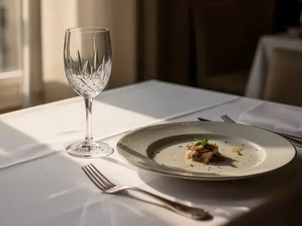 Ein leeres Glas und ein benutzter Teller auf einem gedeckten Tisch nach einer Mahlzeit in einem Restaurant. - Foto: über boerse-global.de