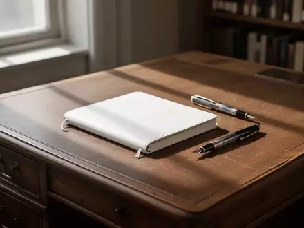 Ein minimalistischer, sonnendurchfluteter Schreibtisch mit einem leeren Notizbuch und einem Füllfederhalter in einer Bibliothek. - Foto: über boerse-global.de