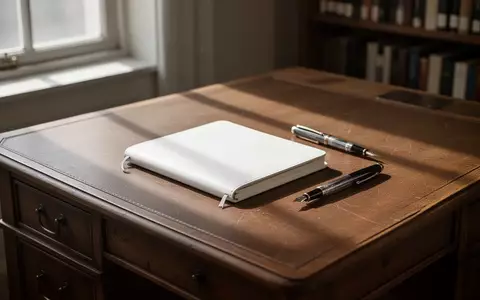 Ein minimalistischer, sonnendurchfluteter Schreibtisch mit einem leeren Notizbuch und einem Füllfederhalter in einer Bibliothek. - Foto: über boerse-global.de