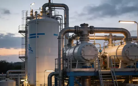 Moderne industrielle Wasserstoff-Produktionsanlage mit Rohrleitungen und Speichertanks bei Dämmerung. - Foto: über boerse-global.de