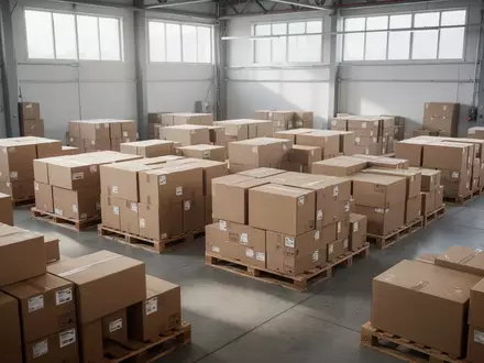 Leere braune Versandkartons auf Holzpaletten in einem modernen Logistiklager. - Foto: über boerse-global.de