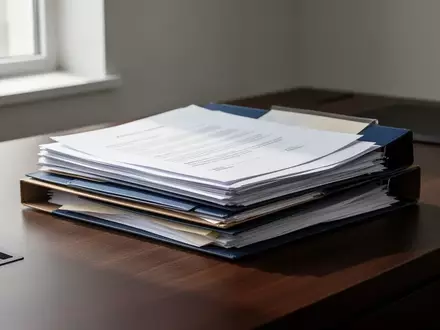 Stapel von Akten und Dokumenten auf einem dunklen Schreibtisch in einer hellen, professionellen Büroumgebung. - Foto: über boerse-global.de