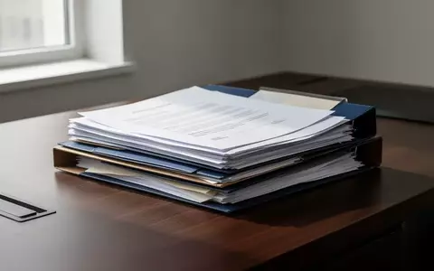 Stapel von Akten und Dokumenten auf einem dunklen Schreibtisch in einer hellen, professionellen Büroumgebung. - Foto: über boerse-global.de