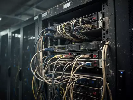 Ein Serverraum mit veralteter Hardware, die in einem dunklen, industriellen Rechenzentrum steht. - Foto: über boerse-global.de