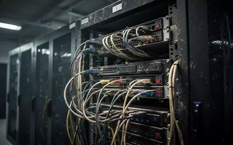 Ein Serverraum mit veralteter Hardware, die in einem dunklen, industriellen Rechenzentrum steht. - Foto: über boerse-global.de