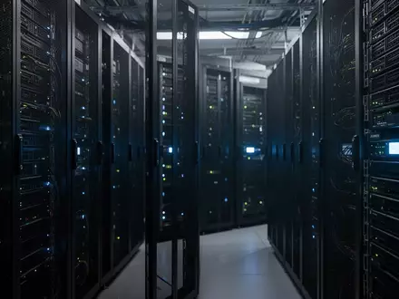 Dunkles Serverraum-Rechenzentrum mit beleuchteten Server-Racks. - Foto: über boerse-global.de