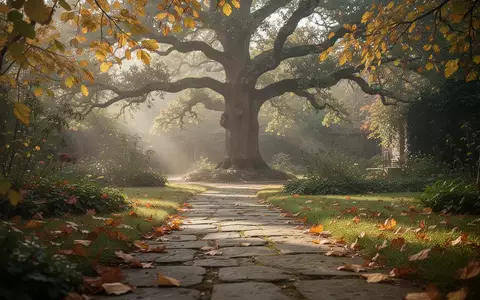 Ein sonnendurchfluteter Gartenweg im Herbst, der auf einen alten Baum zuläuft und die Beständigkeit des Lebens symbolisiert. - Foto: über boerse-global.de