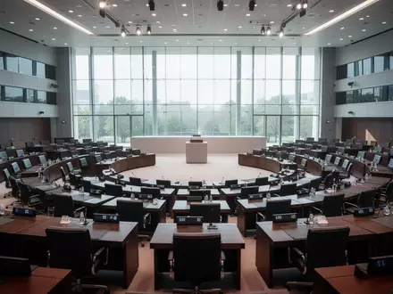 Ein leerer, moderner Konferenzsaal mit halbkreisförmiger Bestuhlung und einem Podium, der eine formelle institutionelle Umgebung darstellt. - Foto: über boerse-global.de