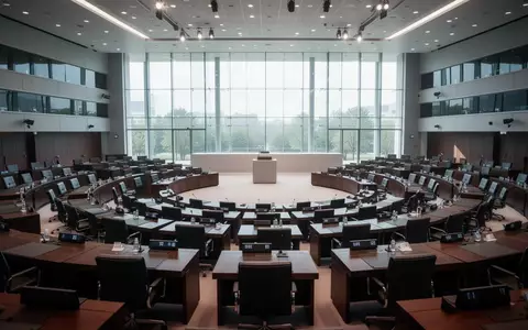 Ein leerer, moderner Konferenzsaal mit halbkreisförmiger Bestuhlung und einem Podium, der eine formelle institutionelle Umgebung darstellt. - Foto: über boerse-global.de