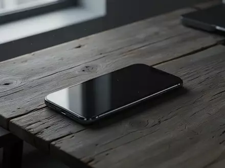 Ein modernes Smartphone mit ausgeschaltetem Bildschirm liegt auf einem hölzernen Tisch in einer schlichten Büroumgebung. - Foto: über boerse-global.de