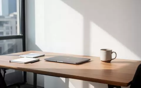 Ein minimalistischer, moderner Schreibtisch mit Laptop und Notizbuch in einem hellen Büro bei Tageslicht. - Foto: über boerse-global.de