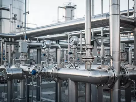 Nahaufnahme einer industriellen Gasanlage mit Rohrleitungen, Ventilen und Sensoren in einer technischen Umgebung. - Foto: über boerse-global.de