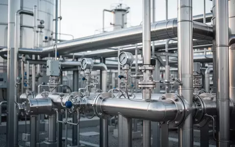 Nahaufnahme einer industriellen Gasanlage mit Rohrleitungen, Ventilen und Sensoren in einer technischen Umgebung. - Foto: über boerse-global.de