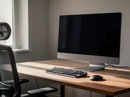 Ein minimalistischer Arbeitsplatz mit einem ausgeschalteten Monitor und einer Tastatur auf einem Holztisch. - Foto: über boerse-global.de
