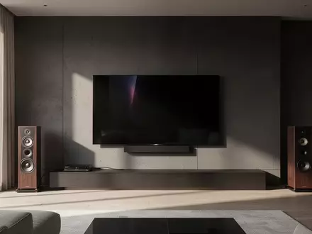 Ein moderner, minimalistisch eingerichteter Wohnraum mit einem an der Wand montierten OLED-Fernseher und hochwertigen Audiokomponenten. - Foto: über boerse-global.de