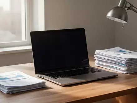 Ein aufgeräumter Schreibtisch mit einem Laptop, dessen Bildschirm schwarz bleibt, und ordentlich gestapelten Finanzunterlagen. - Foto: über boerse-global.de