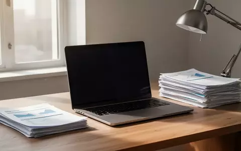 Ein aufgeräumter Schreibtisch mit einem Laptop, dessen Bildschirm schwarz bleibt, und ordentlich gestapelten Finanzunterlagen. - Foto: über boerse-global.de